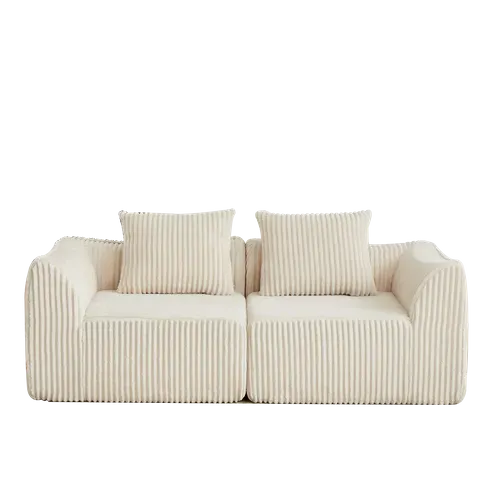 Canapé Modulable 2 Places En Tissu Côtelé Beige Avec 2 Coussins