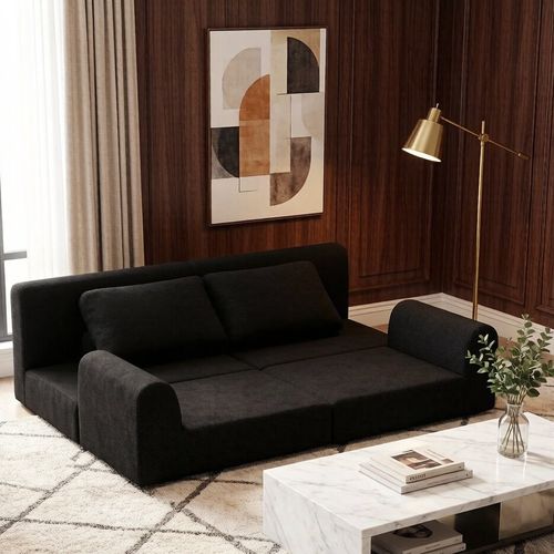 Canapé Convertible 2 Places 3-1 En Flanellette Noir, Salon Et Chambre