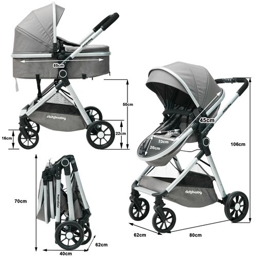 Poussette Bébé 2-en-1 Réversible Pliage Rapide Avec Canopy Réglable, Tissu Gris Antique