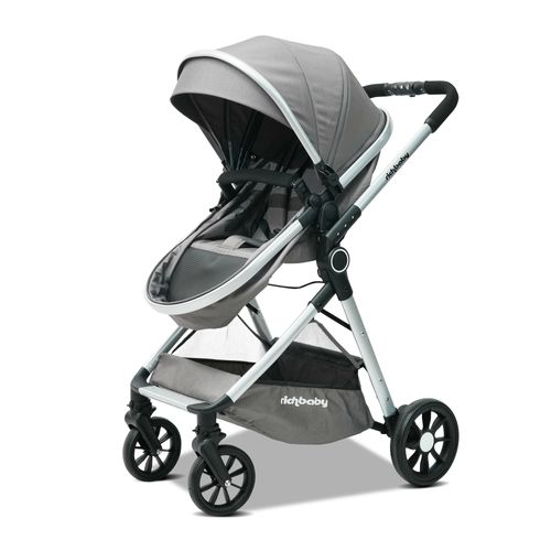 Poussette Bébé 2-en-1 Réversible Pliage Rapide Avec Canopy Réglable, Tissu Gris Antique