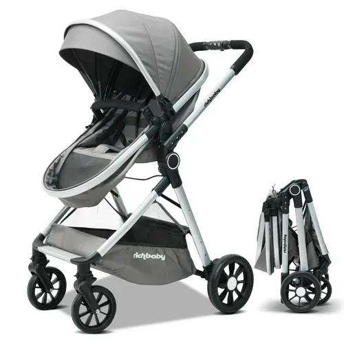 Poussette Bébé 2-en-1 Réversible Pliage Rapide Avec Canopy Réglable, Tissu Gris Antique