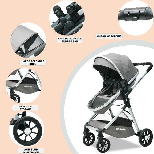 Poussette Bébé 2-en-1 Réversible Pliage Rapide Avec Canopy Réglable, Tissu Gris Antique