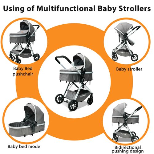 Poussette Bébé 2-en-1 Réversible Pliage Rapide Avec Canopy Réglable, Tissu Gris Antique