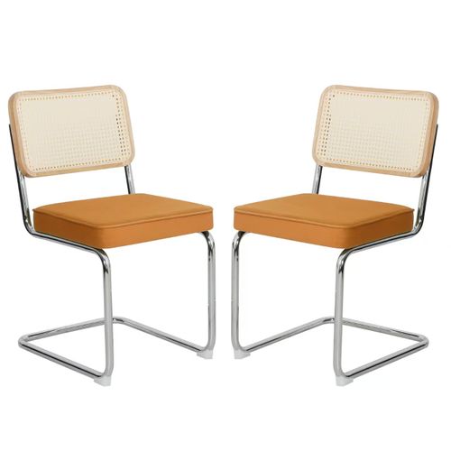 Lot De 2 Chaises De Salle à Manger Velours Orange Et Dossier En Rotin, Pieds Chrome