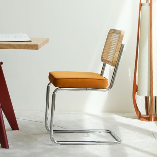 Lot De 2 Chaises De Salle à Manger Velours Orange Et Dossier En Rotin, Pieds Chrome