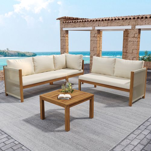 Salon De Jardin 5 Places Modulable D’angle Avec Table Basse, Bois Et Coussins Beige
