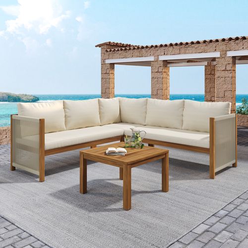 Salon De Jardin 5 Places Modulable D’angle Avec Table Basse, Bois Et Coussins Beige