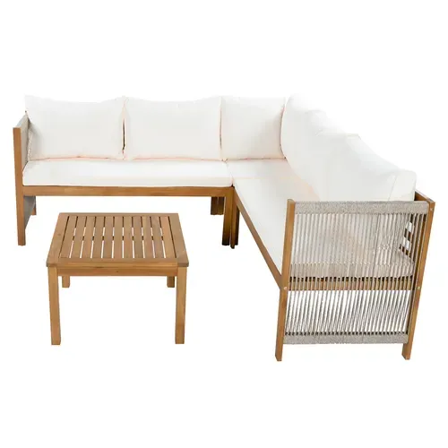 Salon De Jardin 5 Places Modulable D’angle Avec Table Basse, Bois Et Coussins Beige