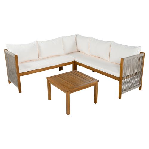 Salon De Jardin 5 Places Modulable D’angle Avec Table Basse, Bois Et Coussins Beige