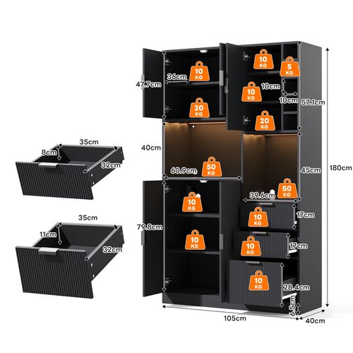 Buffet De Cuisine Haut 105x40x180 Cm Noir, LED, Prises, étagères Réglables, Casier À Vin, 3 Tiroirs