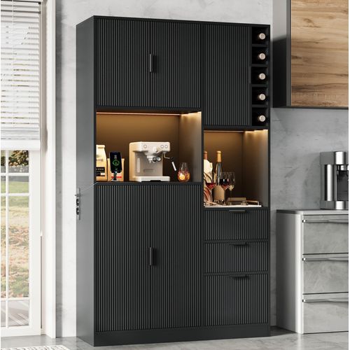 Buffet De Cuisine Haut 105x40x180 Cm Noir, LED, Prises, étagères Réglables, Casier À Vin, 3 Tiroirs