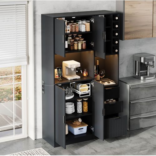 Buffet De Cuisine Haut 105x40x180 Cm Noir, LED, Prises, étagères Réglables, Casier À Vin, 3 Tiroirs