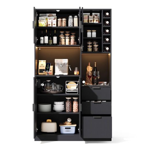 Buffet De Cuisine Haut 105x40x180 Cm Noir, LED, Prises, étagères Réglables, Casier À Vin, 3 Tiroirs
