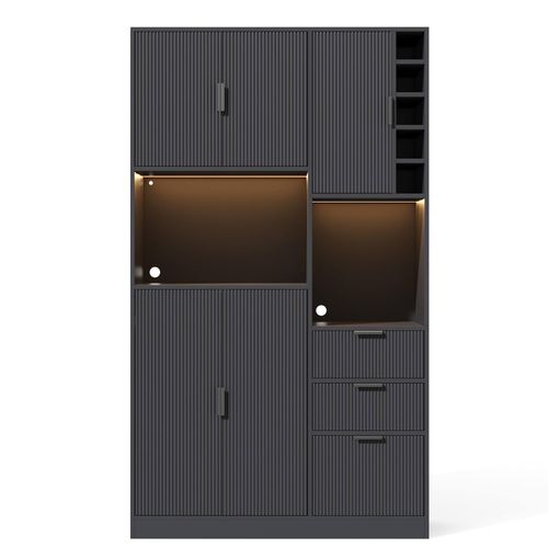 Buffet De Cuisine Haut 105x40x180 Cm Noir, LED, Prises, étagères Réglables, Casier À Vin, 3 Tiroirs