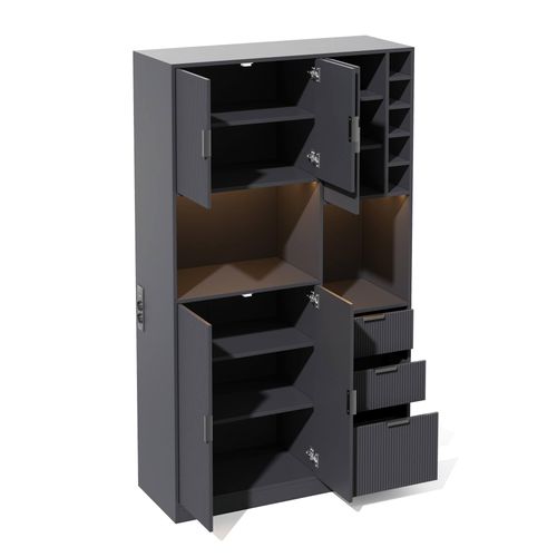 Buffet De Cuisine Haut 105x40x180 Cm Noir, LED, Prises, étagères Réglables, Casier À Vin, 3 Tiroirs