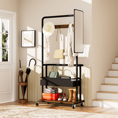 Porte-vêtements, Garderobe Mobile Avec Miroir Et Panier, Métal Noir Et Marron, 70x40x170 Cm