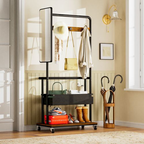 Porte-vêtements, Garderobe Mobile Avec Miroir Et Panier, Métal Noir Et Marron, 70x40x170 Cm