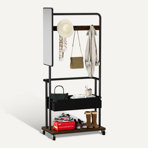 Porte-vêtements, Garderobe Mobile Avec Miroir Et Panier, Métal Noir Et Marron, 70x40x170 Cm