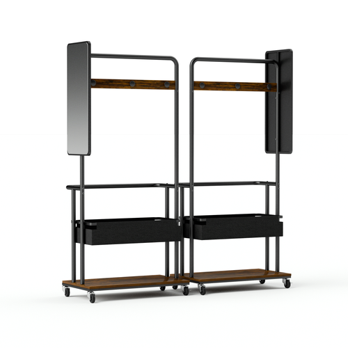Porte-vêtements, Garderobe Mobile Avec Miroir Et Panier, Métal Noir Et Marron, 70x40x170 Cm