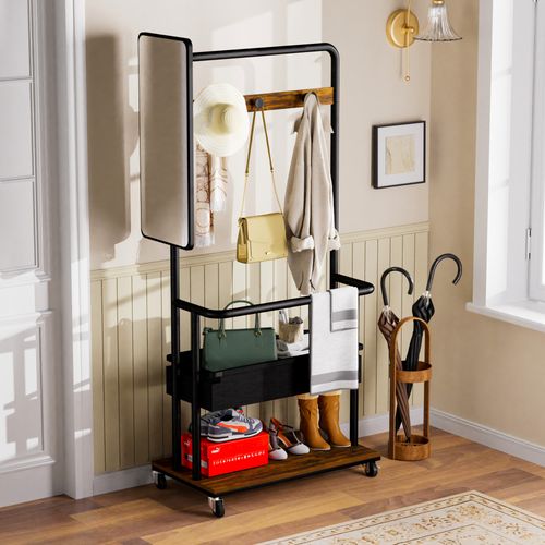 Porte-vêtements, Garderobe Mobile Avec Miroir Et Panier, Métal Noir Et Marron, 70x40x170 Cm