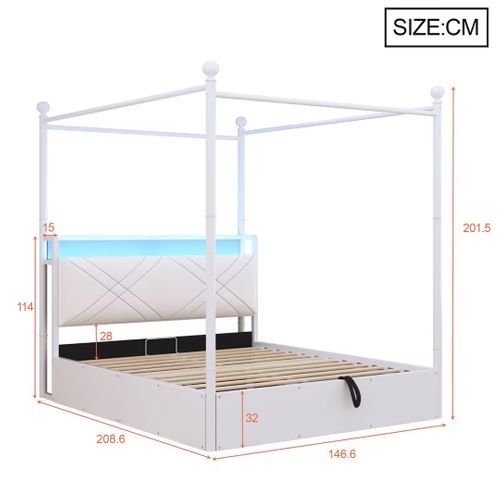 Lit Coffre Adulte 140x190 Cm à Baldaquin Amovible Avec LED, USB/type-c Et Rangement, Métal Blanc