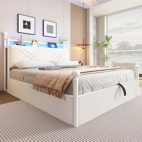 Lit Coffre Adulte 140x190 Cm à Baldaquin Amovible Avec LED, USB/type-c Et Rangement, Métal Blanc