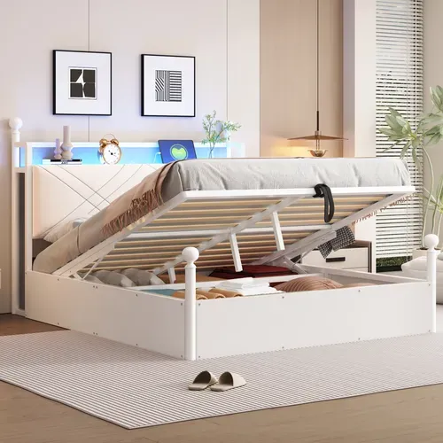 Lit Coffre Adulte 140x190 Cm à Baldaquin Amovible Avec LED, USB/type-c Et Rangement, Métal Blanc