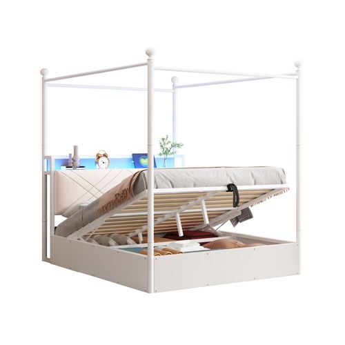 Lit Coffre Adulte 140x190 Cm à Baldaquin Amovible Avec LED, USB/type-c Et Rangement, Métal Blanc