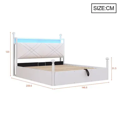 Lit Coffre Adulte 140x190 Cm à Baldaquin Amovible Avec LED, USB/type-c Et Rangement, Métal Blanc