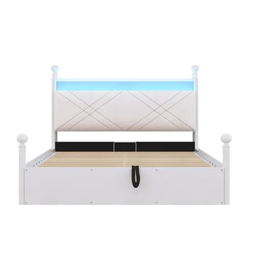 Lit Coffre Adulte 140x190 Cm à Baldaquin Amovible Avec LED, USB/type-c Et Rangement, Métal Blanc