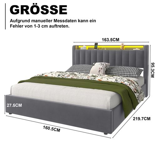 Lit Coffre Adulte 160x200 Cm Avec LED, Prise USB, Sommier À Lattes, En Velours Gris Foncé