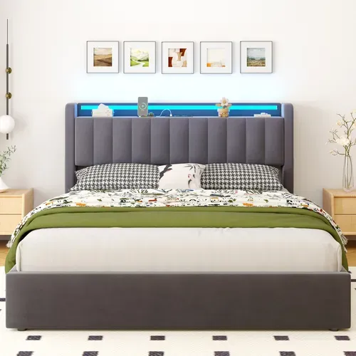 Lit Coffre Adulte 160x200 Cm Avec LED, Prise USB, Sommier À Lattes, En Velours Gris Foncé