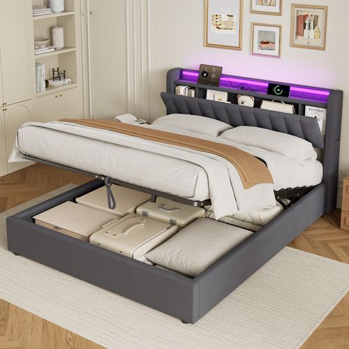 Lit Coffre Adulte 160x200 Cm Avec LED, Prise USB, Sommier À Lattes, En Velours Gris Foncé
