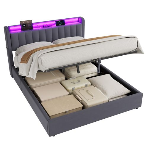 Lit Coffre Adulte 160x200 Cm Avec LED, Prise USB, Sommier À Lattes, En Velours Gris Foncé