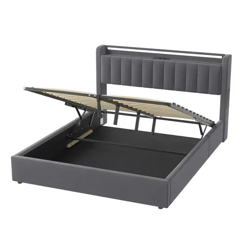 Lit Coffre Adulte 160x200 Cm Avec LED, Prise USB, Sommier À Lattes, En Velours Gris Foncé