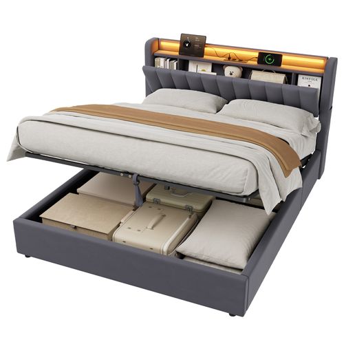 Lit Coffre Adulte 160x200 Cm Avec LED, Prise USB, Sommier À Lattes, En Velours Gris Foncé