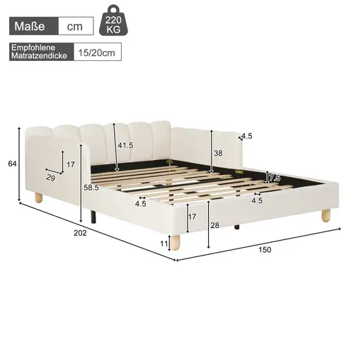 Lit Enfant 140x190 Cm En Velours Beige Avec Poches De Rangement Et Sommier à Lattes, Design Sécurisé