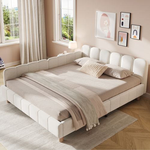 Lit Enfant 140x190 Cm En Velours Beige Avec Poches De Rangement Et Sommier à Lattes, Design Sécurisé