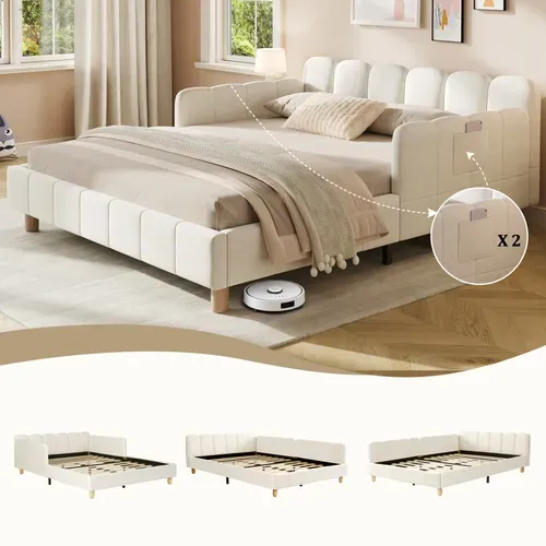 Lit Enfant 140x190 Cm En Velours Beige Avec Poches De Rangement Et Sommier à Lattes, Design Sécurisé