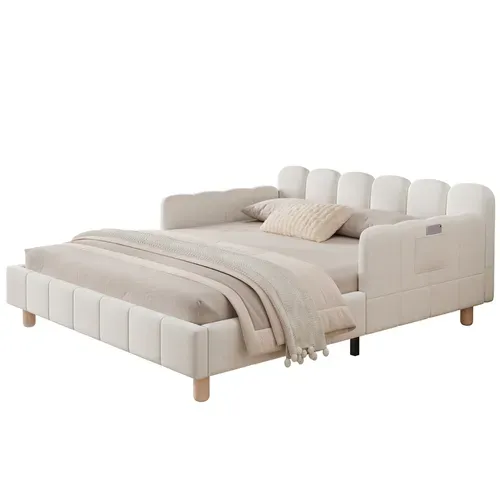 Lit Enfant 140x190 Cm En Velours Beige Avec Poches De Rangement Et Sommier à Lattes, Design Sécurisé