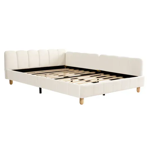 Lit Enfant 140x190 Cm En Velours Beige Avec Poches De Rangement Et Sommier à Lattes, Design Sécurisé