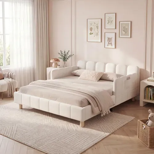 Lit Enfant 140x190 Cm En Velours Beige Avec Poches De Rangement Et Sommier à Lattes, Design Sécurisé