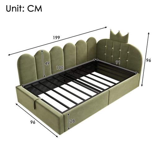 Lit Enfant Coffre 90x190 Cm Avec Rangement Hydraulique Et Sommier à Lattes, En Velours Vert