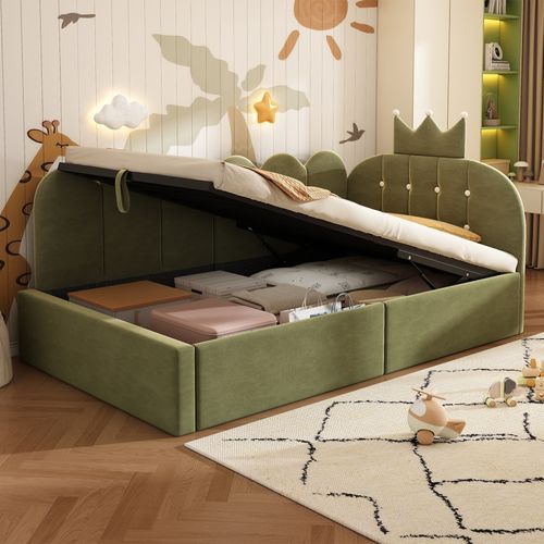 Lit Enfant Coffre 90x190 Cm Avec Rangement Hydraulique Et Sommier à Lattes, En Velours Vert