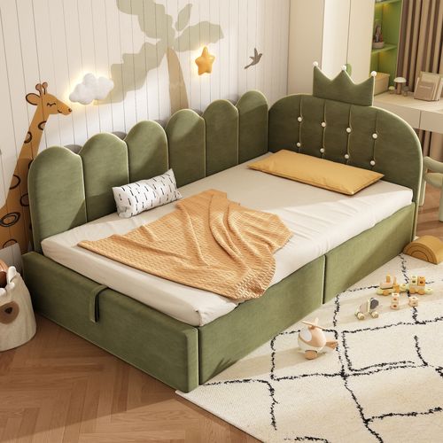 Lit Enfant Coffre 90x190 Cm Avec Rangement Hydraulique Et Sommier à Lattes, En Velours Vert