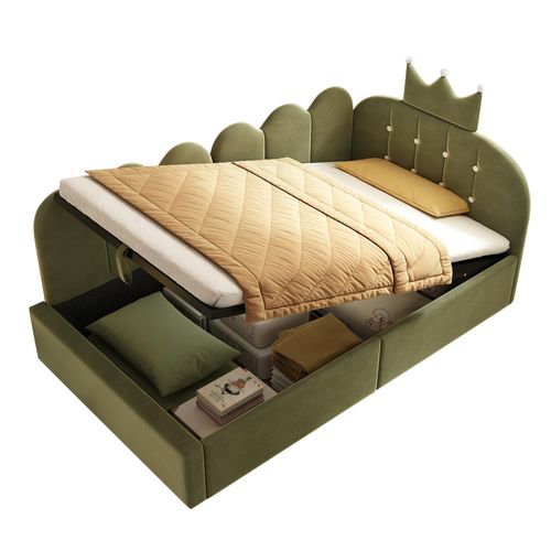 Lit Enfant Coffre 90x190 Cm Avec Rangement Hydraulique Et Sommier à Lattes, En Velours Vert