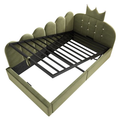 Lit Enfant Coffre 90x190 Cm Avec Rangement Hydraulique Et Sommier à Lattes, En Velours Vert