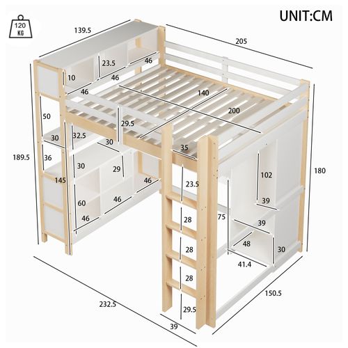 Lit Mezzanine Adulte 140x200 Cm Avec Bureau, échelle, étagères Et Armoire, En Pin Blanc Et Naturel