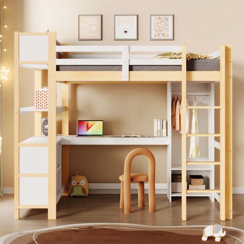 Lit Mezzanine Adulte 140x200 Cm Avec Bureau, échelle, étagères Et Armoire, En Pin Blanc Et Naturel