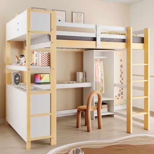 Lit Mezzanine Adulte 140x200 Cm Avec Bureau, échelle, étagères Et Armoire, En Pin Blanc Et Naturel